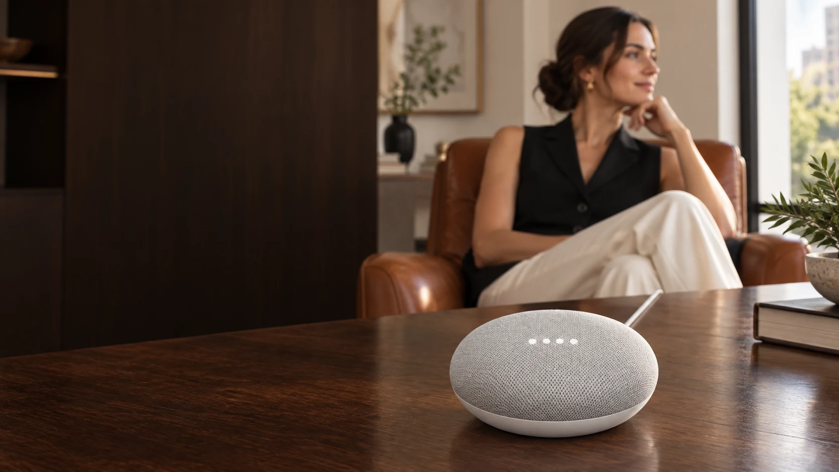 Chalk Google Nest Mini with four white indicator lights on a walnut table, with a woman relaxing behind it; illustrative scene